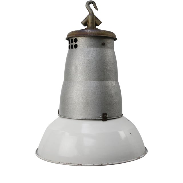 Large Vintage Industrial French Light Grey Enamel Pendant Light from Mazda For Sale