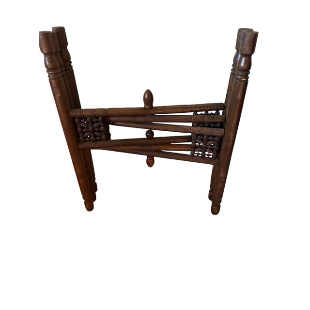 Moroccan Engraved Brass Tray on Adjustable Wooden Stand. For Sale - Image 9 of 9