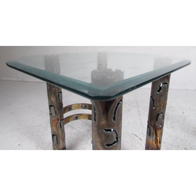 Brutalist Torch Cut Brass Table Set with Glass Tops - Set of 3 For Sale - Image 4 of 12