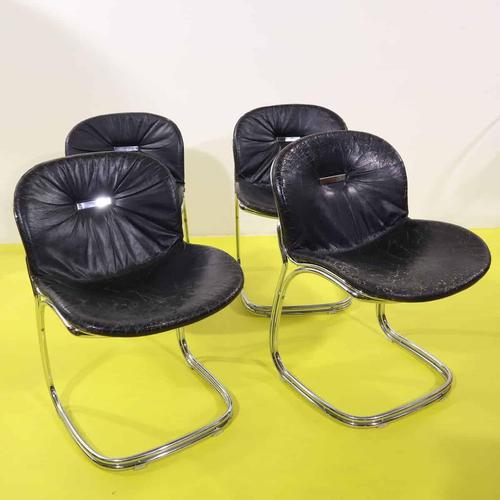 Black Faux Leather and Chrome Steel Chairs by Gastone Rinaldi, Set of 4 For Sale - Image 12 of 12