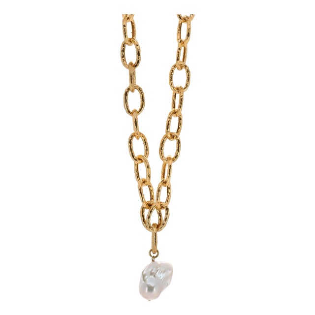 Majestic Pearl Stone Pendant Gold Link Chain Necklace For Sale