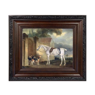"Saddled Grey With Hounds" Reproduction Oil Painting Print on Canvas Framed in a Brown/Black Solid Oak Frame For Sale