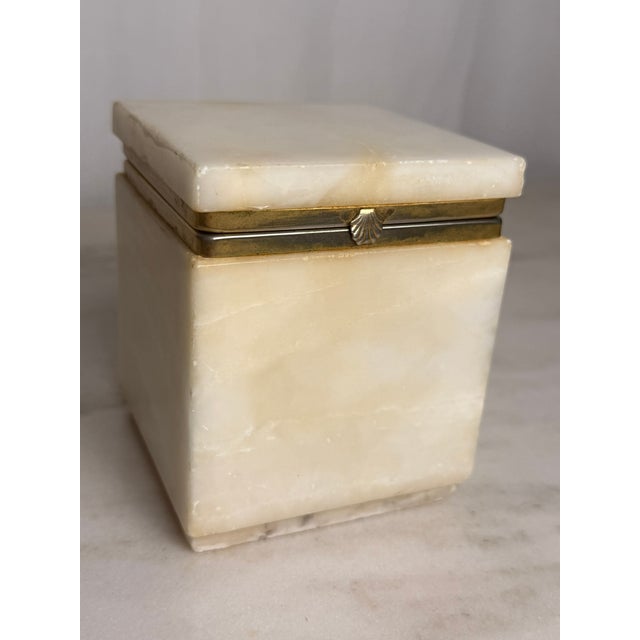 Hollywood Regency Vintage White Stone Alabaster Trinket Box With Brass Shell Clasp, Jewelry Box, Square Stone Hinged Casket, Hollywood Regency Vanity Decor For Sale - Image 3 of 12