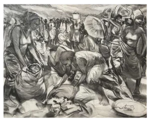 Denis Matemo, Market Scene, Charcoal on Canvas, 2016