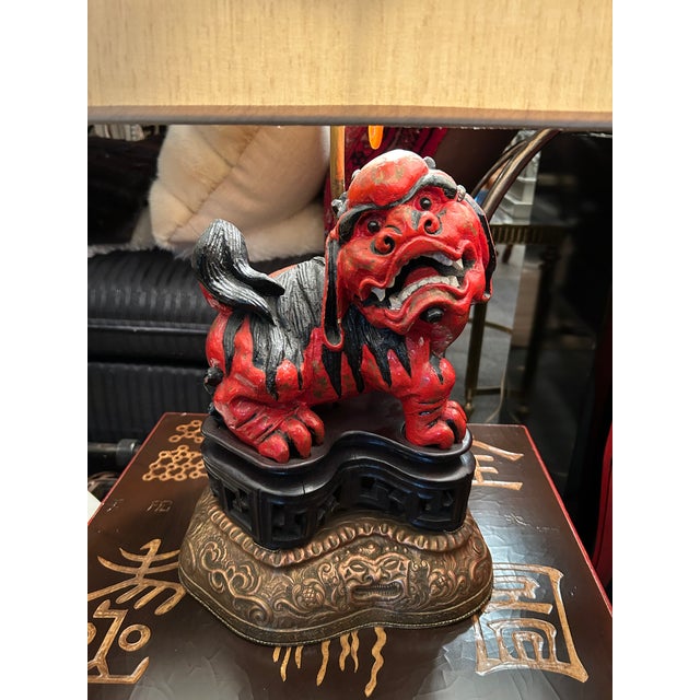 Figurative 1920s Lacquered Carved Wood Foo Dog Table Lamps- a Pair For Sale - Image 3 of 14