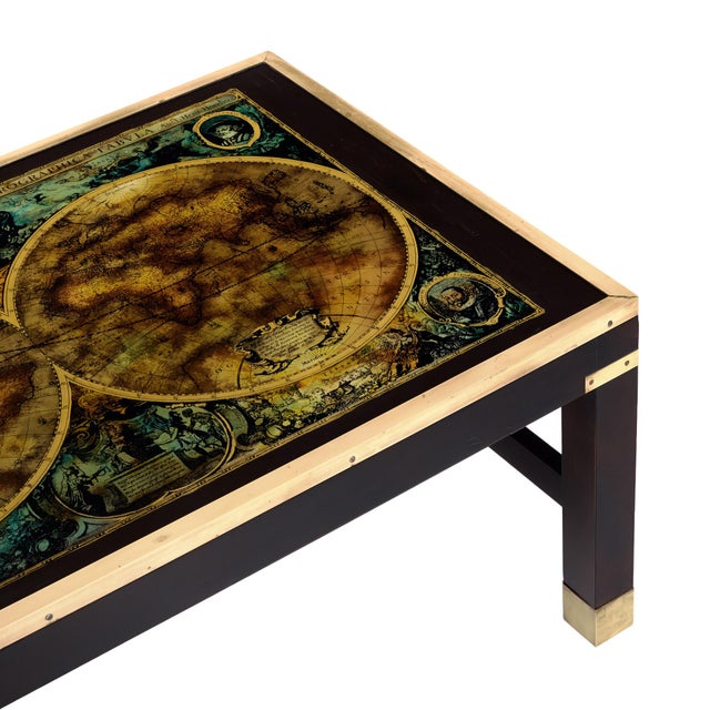 1950s Neoclassical Ebonized and Brass Coffee Table With Antique World Map Top For Sale - Image 5 of 9