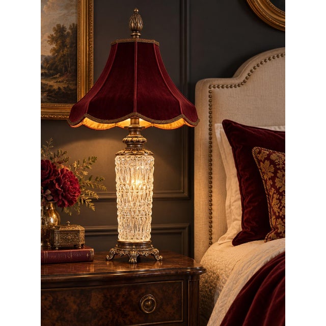 English Vintage Illuminated Crystal Lamp With Oxblood Velvet Pagoda Shade For Sale - Image 3 of 9