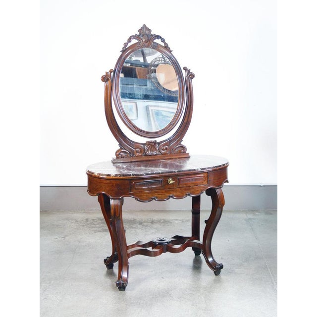 Carlo x console with wooden mirror with marble top and front drawer. Period 19th century model console with mirror and...