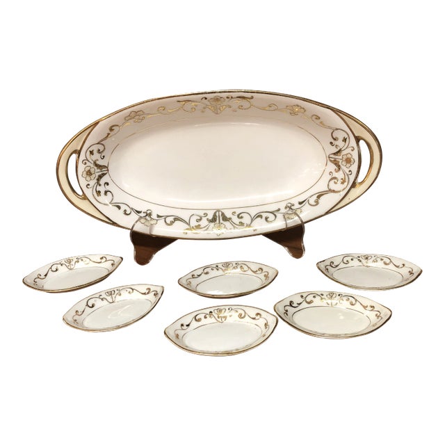 Early 20th Century Nippon Gilt Moriage Celery With 6 Salts For Sale
