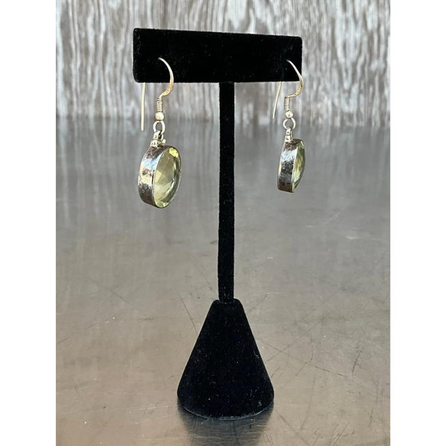 Neon Green Vintage 925 Silver Drop Earrings With Green Gemstone For Sale - Image 8 of 12