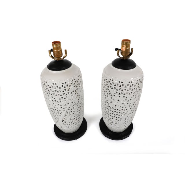 Ceramic Vintage Reticulated Blanc De Chine Table Lamps, a Pair For Sale - Image 7 of 15