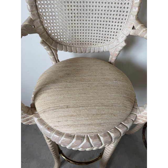 Beige Vintage Carved Wood & Cane Swivel Bar Stools – A Pair For Sale - Image 8 of 12