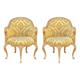 Italian Carved & Cerused Pine French Louis XV Style Barrel Tub Chairs - Pair For Sale
