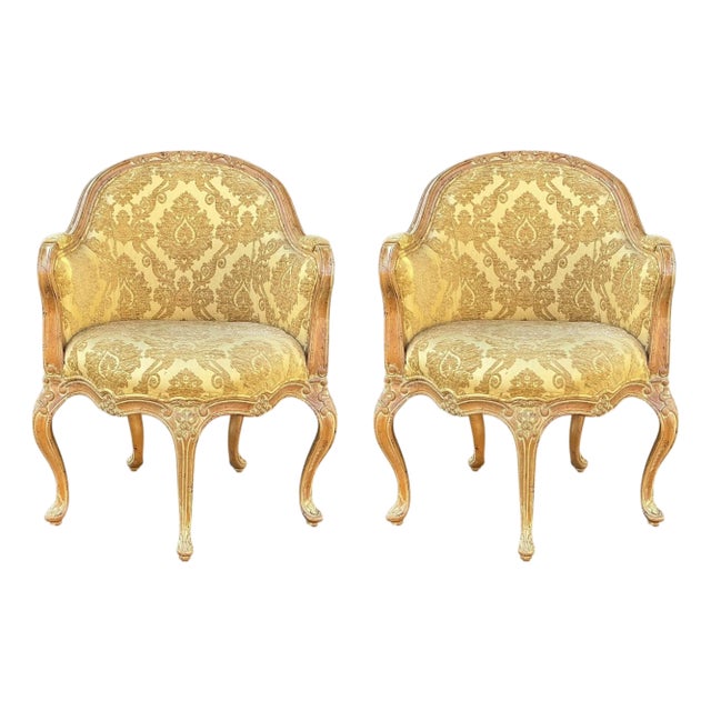 Italian Carved & Cerused Pine French Louis XV Style Barrel Tub Chairs - Pair For Sale