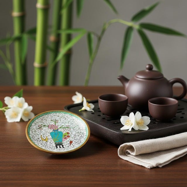 White Vintage Chinese Cloisonne Trinket Dish-Brass-Enamel-Floral Vase-Bowl-Ring-Vanity For Sale - Image 8 of 9