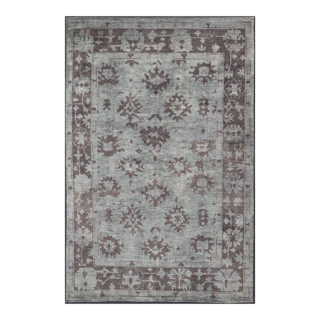 Modern Hand Knotted Oushak Rug in Wool With Sub-Geometric Design in Green and Brown For Sale