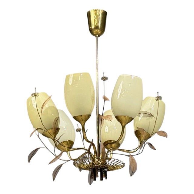 1950s Paavo Tynell, Chandelier, Milk Glass, Brass, Finland For Sale