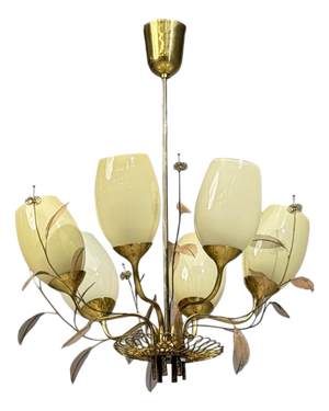 1950s Paavo Tynell, Chandelier, Milk Glass, Brass, Finland