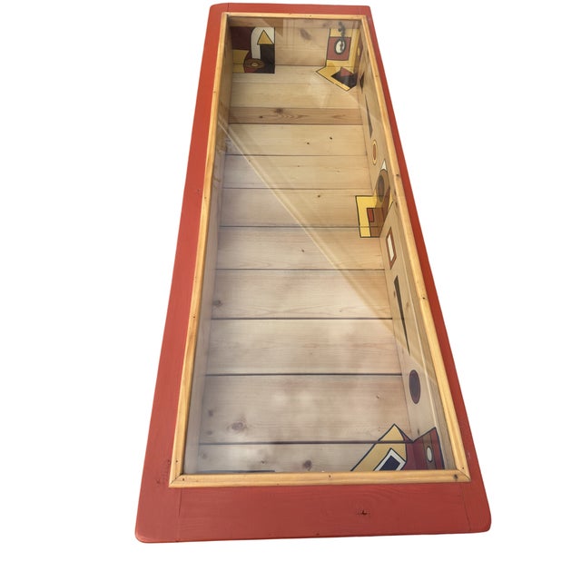 2000 - 2009 Vintage Hand Painted Geometric Wood and Glass Display Case Console For Sale - Image 5 of 10