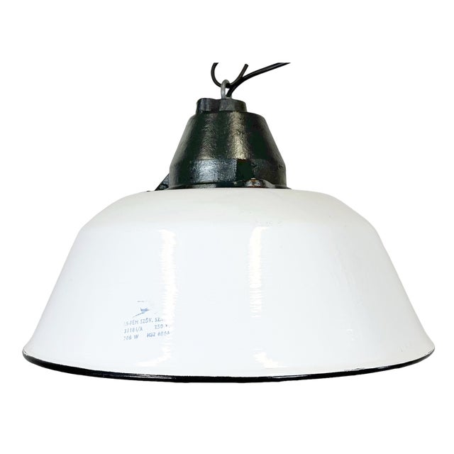 Industrial White Enamel and Cast Iron Pendant Light, 1960s For Sale