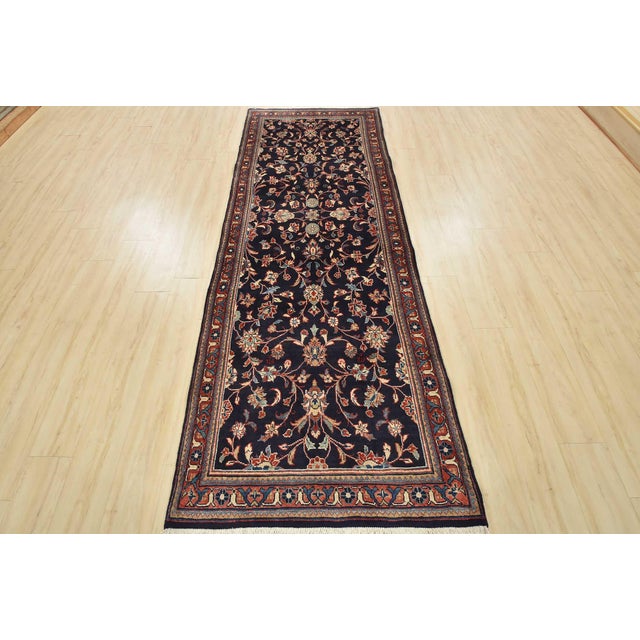 Farmhouse Sarouk Runner 3'7'' X 9'11'' Blue Wool Vintage Traditional Hand-Knotted Rug For Sale - Image 3 of 13