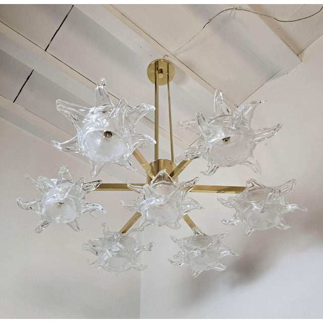1990s Mid Century Modern Murano Glass and Brass Chandelier For Sale - Image 4 of 15