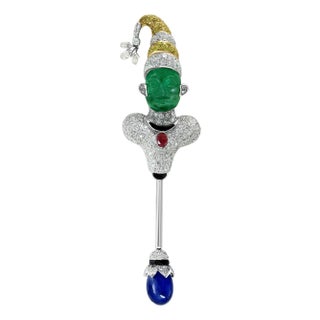 GIA Certified Russian Emerald & Burma Sapphire White & Yellow Diamond Joker Pin For Sale