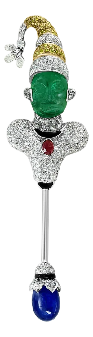 GIA Certified Russian Emerald & Burma Sapphire White & Yellow Diamond Joker Pin