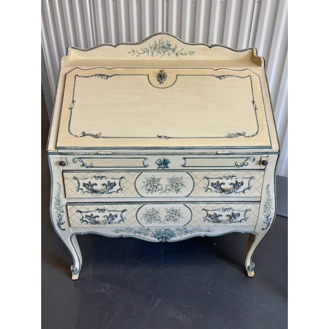 Late 20th Century Vintage La Barge Hand Painted Blue and White French Secretary Desk and Chair For Sale - Image 5 of 11