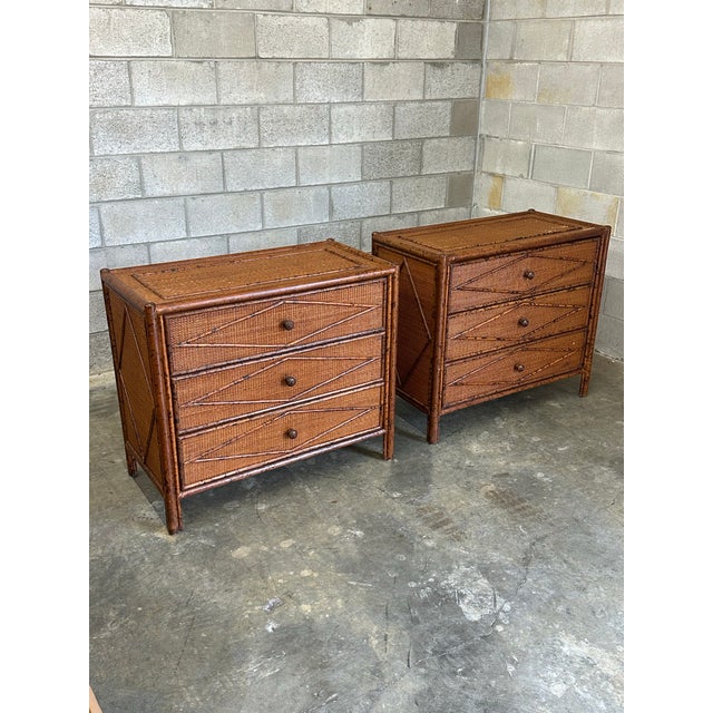 English 1980s Vintage British Colonial Style Burnt Bamboo and Rattan Chests / Dressers- A Pair For Sale - Image 3 of 12