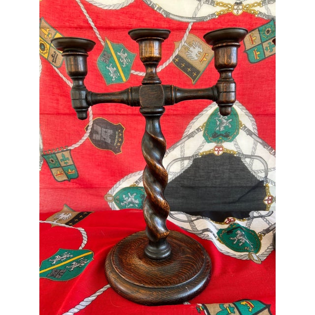 Wood Pair Antique English Oak Barley Twist Candlesticks Candelabras Candle Holders For Sale - Image 7 of 18