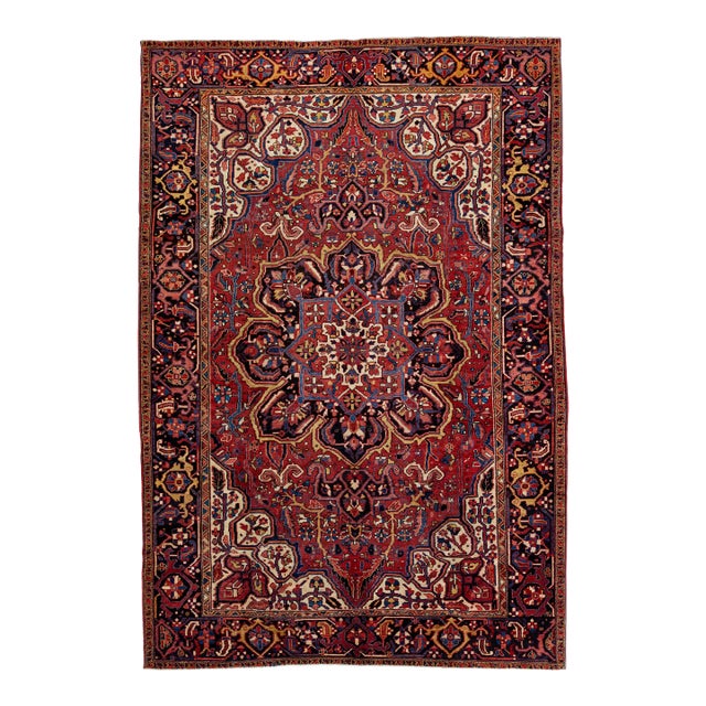 1930s Vintage Red Persian Heriz Handmade Wool Rug With Medallion Motif For Sale