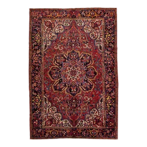 1930s Vintage Red Persian Heriz Handmade Wool Rug With Medallion Motif