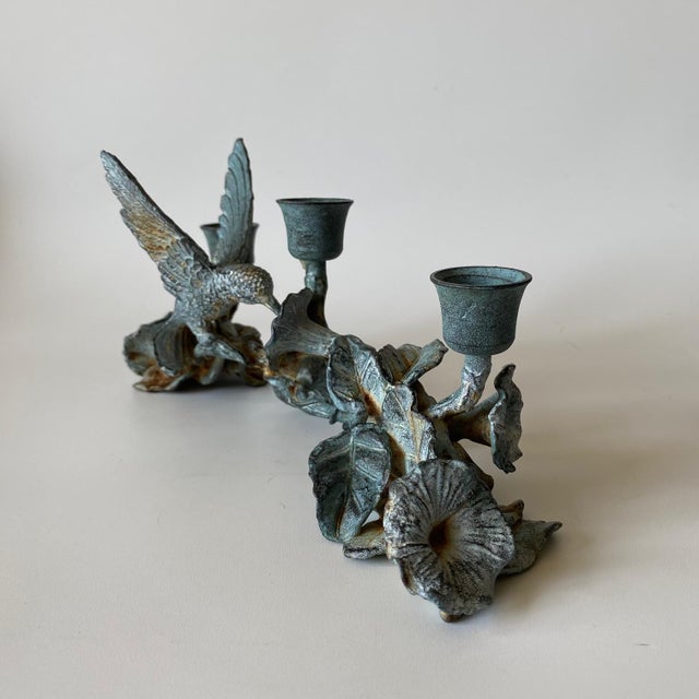 Vintage Spi Triple Candelabra: Pewter, Verde-Patina, Morning Glory Hummingbird For Sale - Image 12 of 18