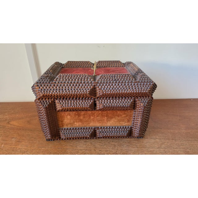 Antique Tramp Art Wooden Box, Hand Carved Folk Art Chest, Chip Carved Jewelry Box, Rustic Primitive Storage, Collectible Decor For Sale - Image 16 of 17