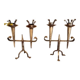 1930s Large French Gilded Candlestick Holders - Pair For Sale