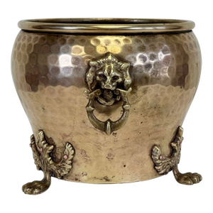 Vintage Hammered Brass Jardiniere W/ Lion Head Mounts and Paw Feet