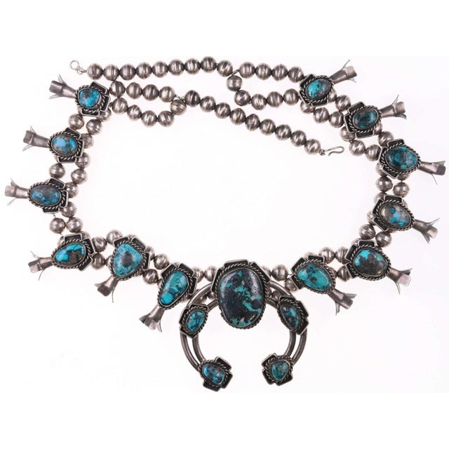 Late 20th Century Vintage Navajo Silver and Turquoise Squash Blossom Necklace f For Sale - Image 5 of 6