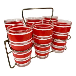 Vintage Hazel Atlas Red and White Banded Tumblers in Metal Caddy - Set of 6 For Sale