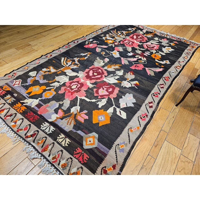 Tribal Vintage Caucasian Karabagh Kilim, Flat-Woven Wool, Allover Floral Pattern, Chocolate & Red, 7x13 For Sale - Image 3 of 15