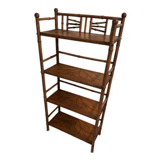 Bamboo Etagere With Ball Finials and Burnt Decoration For Sale