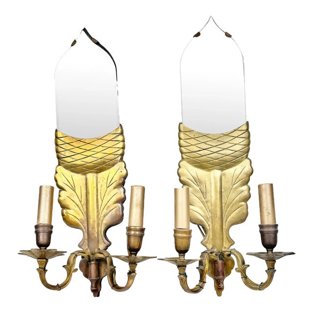 Vintage Brass and Mirrored Chapman Leaf and Acorn Electric Sconces-a Pair For Sale