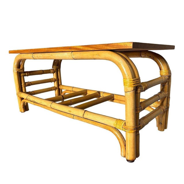 1950s 1950s Restored 2-Tier Rattan Staple Base Coffee Table W/ Mahogany For Sale - Image 5 of 7