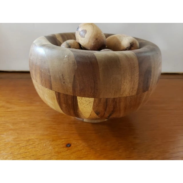 American Handmade Short Wooden Pedestal Bowl With Six Wooden Eggs For Sale - Image 3 of 7