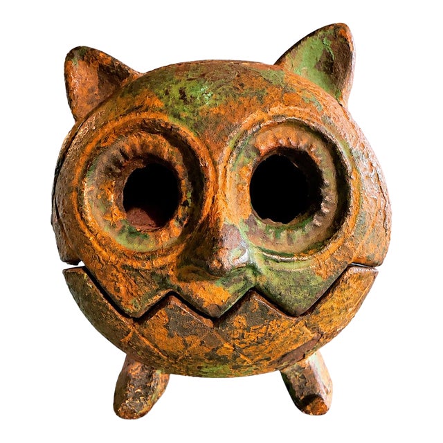 Mid 20th Century Japanese Organic Modern Hand-Cast Iron Owl Candle Lantern For Sale