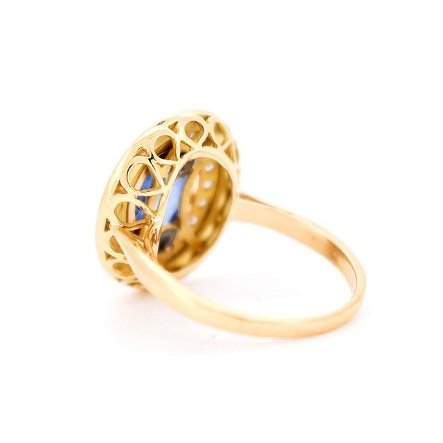 Metal 1960s Halo Ring in Gold, Ceylon Sapphire, Diamonds, and Enamel, Size 7.5 For Sale - Image 7 of 9