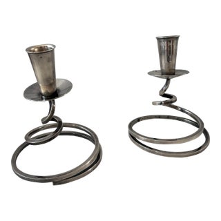 Pair of Mid Century Spiral Silver Plate Candle Holders by Fisher For Sale