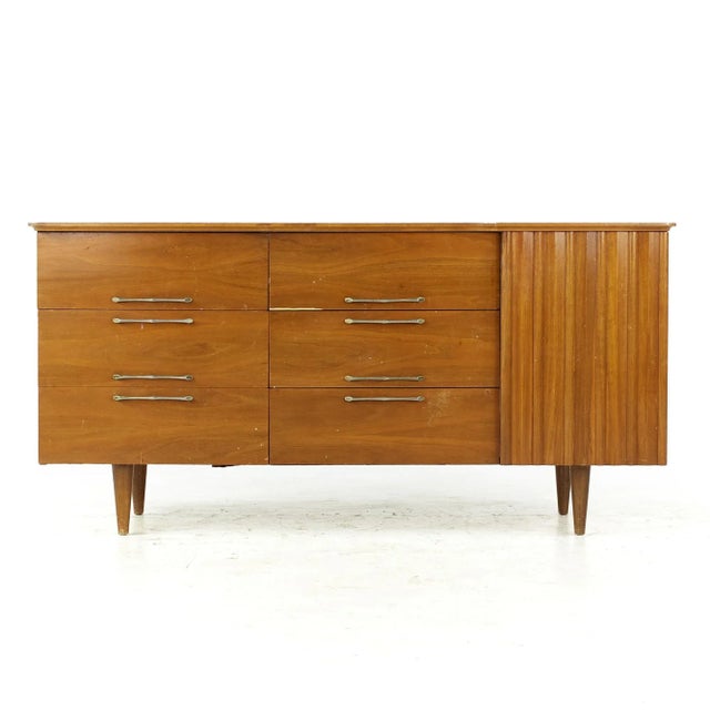 Young Manufacturing Mid Century Walnut Lowboy Dresser This lowboy measures: 62 wide x 20 deep x 30.5 inches high When you...