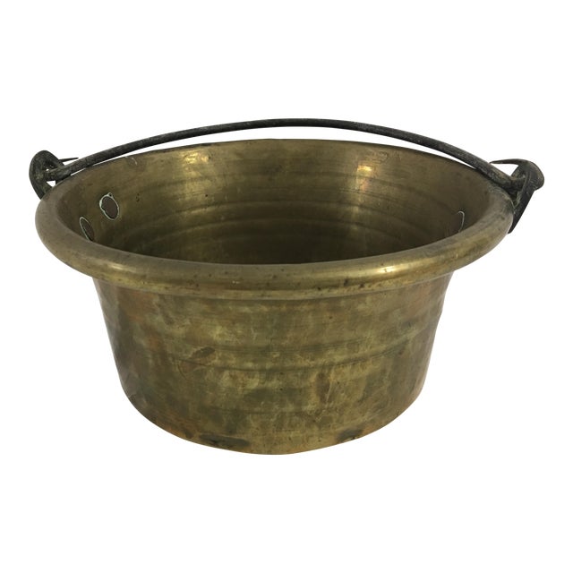Antique French Small Brass Cauldron With Wrought Iron Handle For Sale