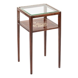 Antique French Art Nouveau Handpainted Mahogany Small Wood & Glass Side Table For Sale